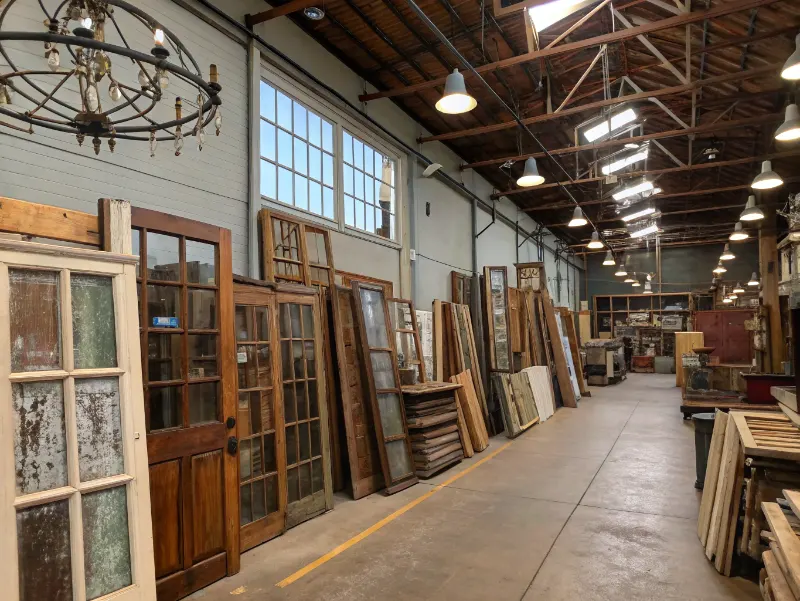 Interior of Tampa architectural salvage warehouse showing reclaimed doors windows and vintage fixtures