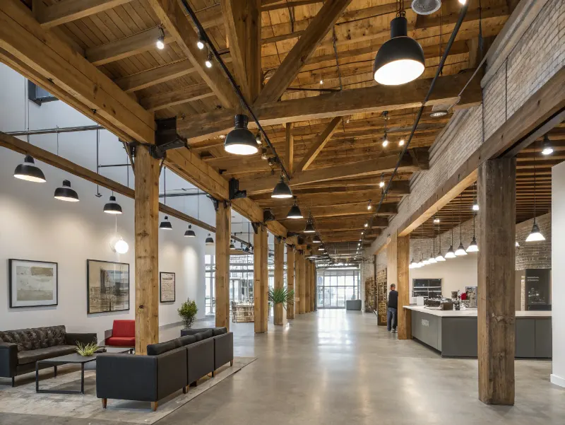 Modern commercial interior featuring exposed reclaimed wood ceiling beams and vintage industrial lighting fixtures
