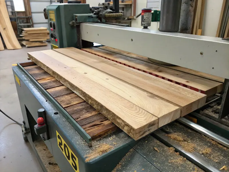 Reclaimed wood planks being processed through industrial planer creating tongue and groove edges
