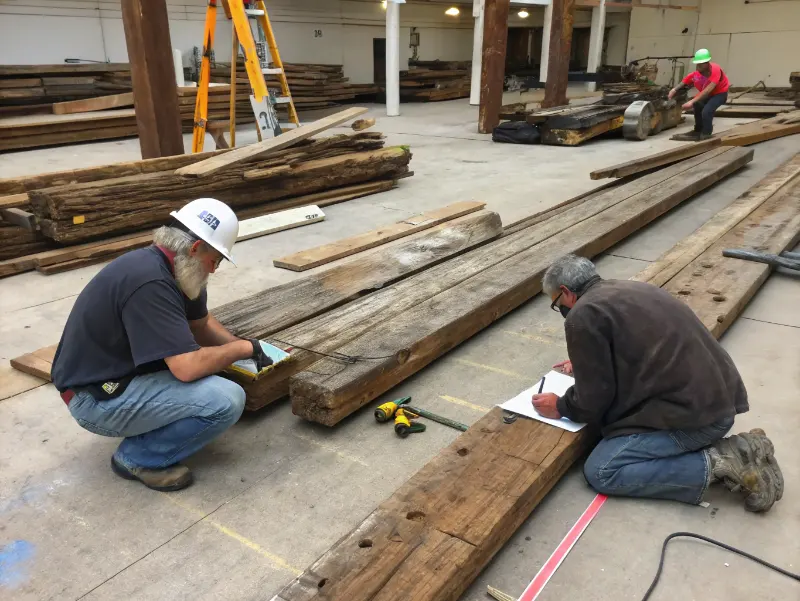 Reclaimed wooden beams and architectural salvage being inspected for commercial renovation project