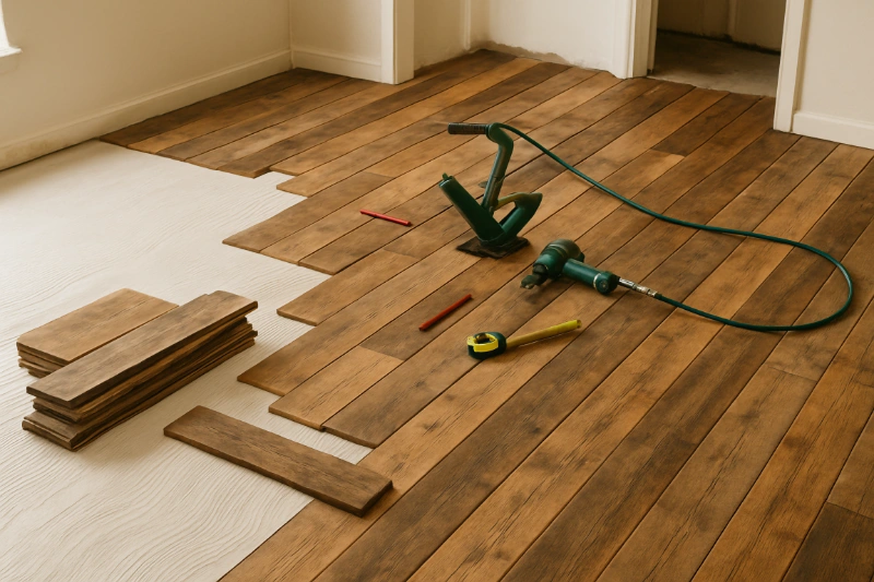 Reclaimed wood planks being installed as flooring in residential renovation project