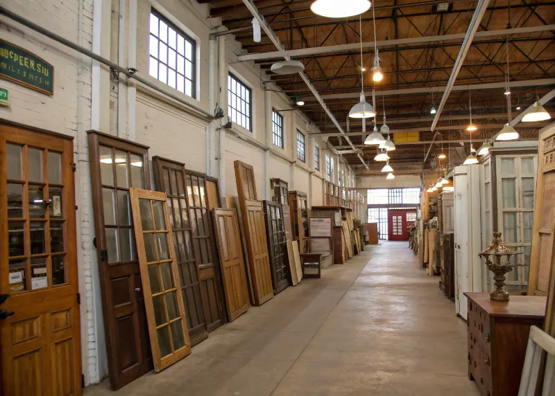 Interior of Tampa architectural salvage warehouse displaying reclaimed doors windows and vintage fixtures