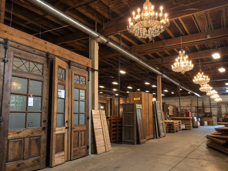 Interior warehouse view showing stacked reclaimed wood beams vintage doors and antique lighting fixtures