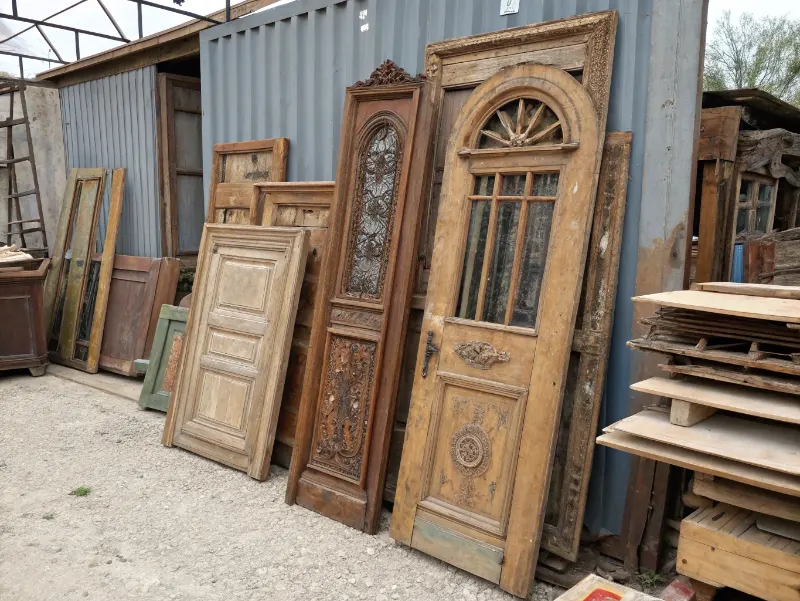 Collection of antique wooden doors and architectural elements in salvage yard